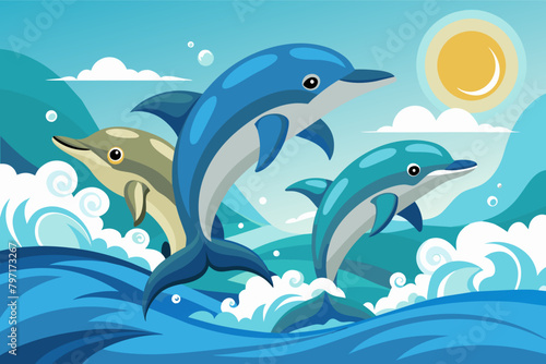 A group of playful dolphins leaping out of the water