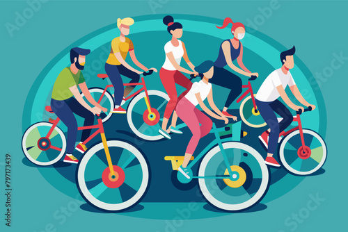A group of people in a spin class, their bikes forming a colorful circle with glowing wheels.