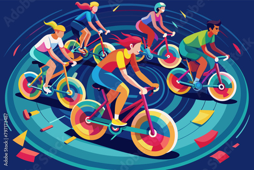 A group of people in a spin class, their bikes forming a colorful circle with glowing wheels.