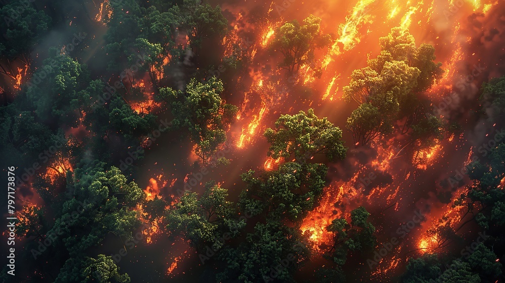 Wildfire encroaching upon a dense woodland in aerial perspective Wildfire encroaching upon a dense woodland in aerial perspective