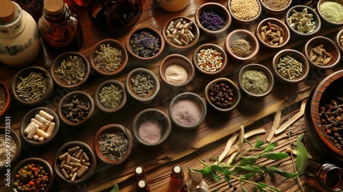 bowls of various herbs and spices on a wooden table