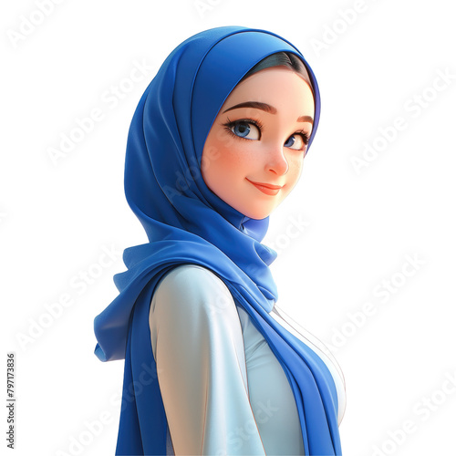 A cheerful Asian Muslim cartoon woman stands with a happy smile gazing admirably at something in the distance She is depicted against a plain transparent background photo