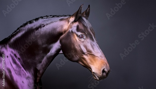 ai generative of purple and brown half horse  wearing a harness  dark theme background