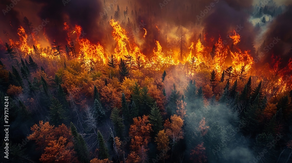 Forest fire's edge from above with vivid fall foliage