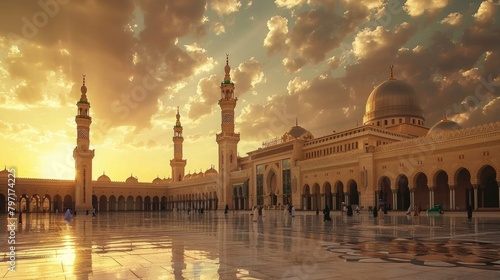 Craft an image of the architectural marvel that is the Prophet's Mosque in Medina photo