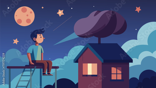 A man gazes at the stars from the rooftop of his childhood treehouse transported back to a time when he wished upon them to become an astronaut.. Vector illustration