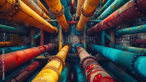 Overhead view of colorful steel pipes crisscrossing in an organized chaos photo