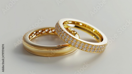 Create a captivating image with a prompt that highlights the glamour of two gold diamond rings in a 3D render design