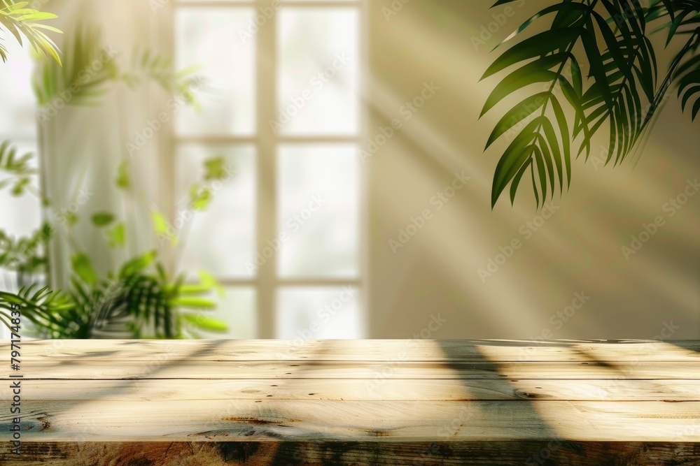 wood table background with sunlight window create leaf shadow on wall with blur indoor green plant foreground.panoramic banner mockup for display of product,warm tone lights - generative ai wood table background with sunlight window create leaf shadow on wall with blur indoor green plant foreground.panoramic banner mockup for display of product,warm tone lights - generative ai