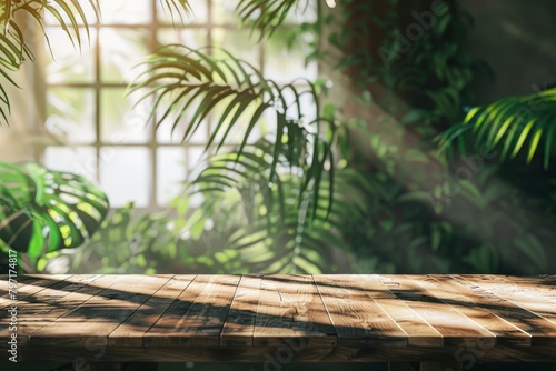 wood table background with sunlight window create leaf shadow on wall with blur indoor green plant foreground.panoramic banner mockup for display of product warm tone lights - generative ai