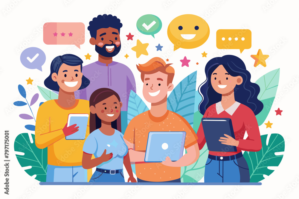 A group of diverse customers gathered around a laptop screen laugh and share positive reviews. A group of diverse customers gathered around a laptop screen laugh and share positive reviews.