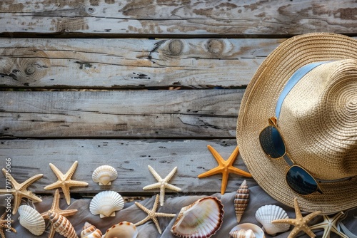 flat lay of straw hat, sunglasses, starfish and seashells on wooden background with copy space