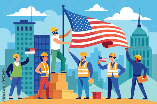 A group of construction workers raising the American flag on top newly built skyscraper
