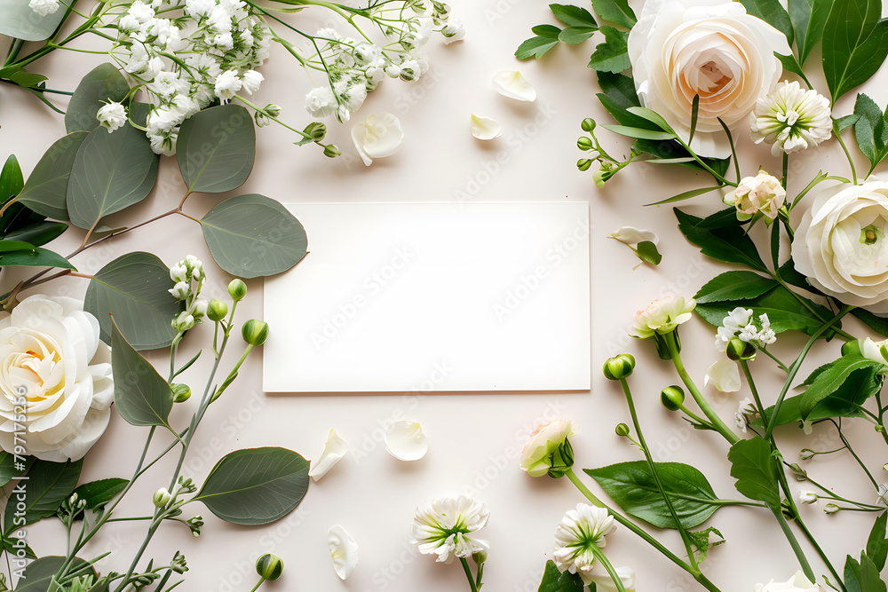 Stylish elegant flat lay feminine floristic greeting invitation post card, copy space mockup. Stylish elegant flat lay feminine floristic greeting invitation post card, copy space mockup.
