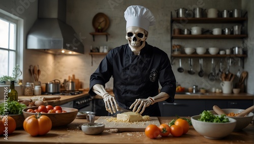 A skeleton chef preparing a meal in a gourmet kitchen  surrounded by fresh ingredients and cooking utensils ai_generated