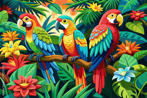 A group of colorful macaws with vibrant feathers perch on a flowering tropical tree