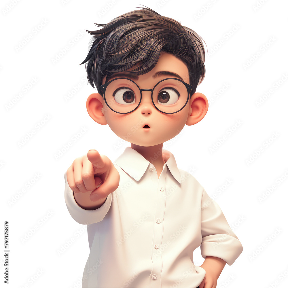 A young Asian businessman in a workplace appears surprised as he points towards the front clad in a white shirt and glasses standing alone A young Asian businessman in a workplace appears surprised as he points towards the front clad in a white shirt and glasses standing alone