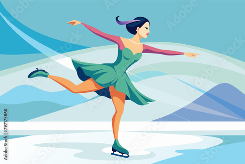 A graceful ice skater with flowing clothes, gliding effortlessly across a frozen rink.