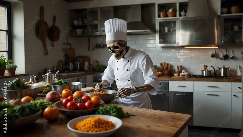 A skeleton chef preparing a meal in a gourmet kitchen, surrounded by fresh ingredients and cooking utensils ai_generated A skeleton chef preparing a meal in a gourmet kitchen, surrounded by fresh ingredients and cooking utensils ai_generated