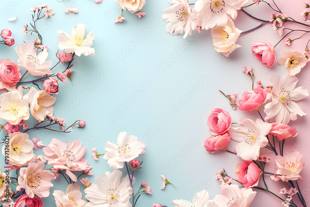 Floral background feminine flowers in pastel colors. Valentine's day, Mother's day, Women's day postcard. Flat lay copy space.