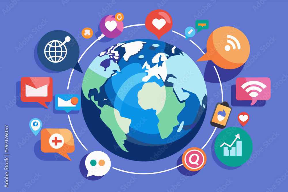 A globe with interactive social media icons pulsating around it signifies global reach and audience engagement A globe with interactive social media icons pulsating around it signifies global reach and audience engagement