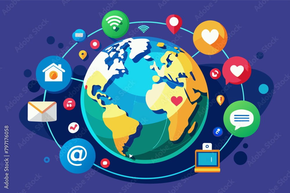 A globe with interactive social media icons pulsating around it signifies global reach and audience engagement A globe with interactive social media icons pulsating around it signifies global reach and audience engagement