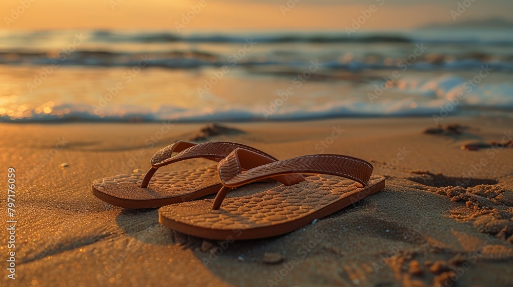 Casual beach sandals by the seaside on a sunny day Casual beach sandals by the seaside on a sunny day