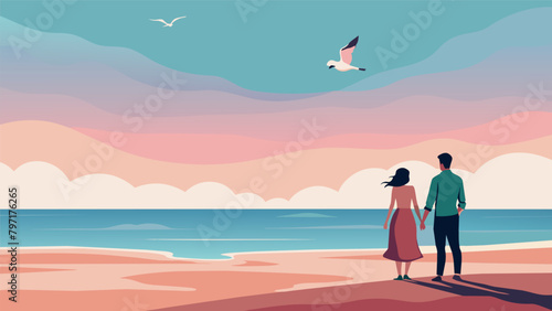 A lone seagull flew overhead as the couple stood on the beach completely engrossed in their conversation the sky above a picturesque blend of pastel. Vector illustration