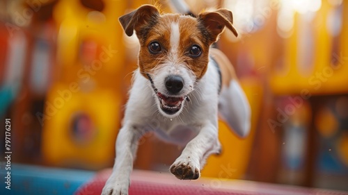 Dynamic shot of a trained dog performing jump at an agility course