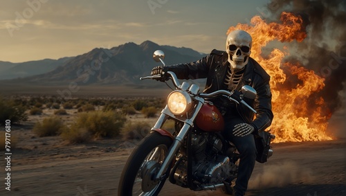  A skeleton riding a motorcycle through a fiery landscape, wearing a leather jacket and sunglasses ai_generated