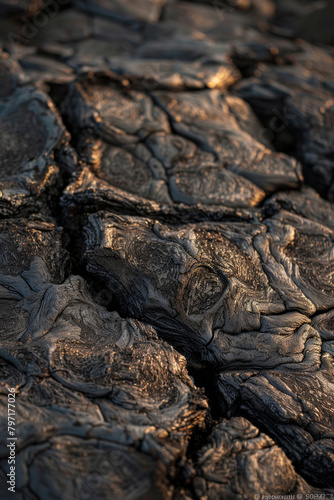 The textured surface of cooled lava formations, highlighting their rugged and volcanic nature. 