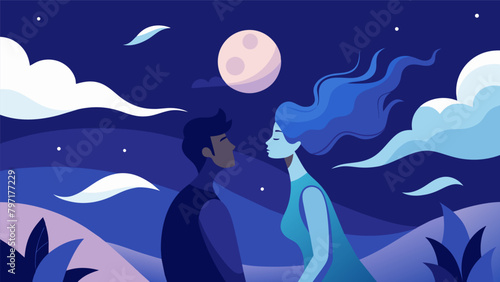 Whispers floating on the breeze as two figures lean in closer under the moonlit sky.. Vector illustration