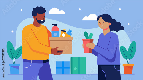 A man receiving a care package from a longdistance friend filled with items to promote selfcare and wellbeing..