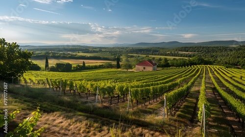 Verdant vineyard with quaint house amidst rolling hills