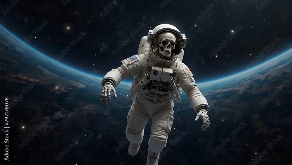 A skeleton astronaut floating in space, surrounded by stars, with Earth visible in the background ai_generated
