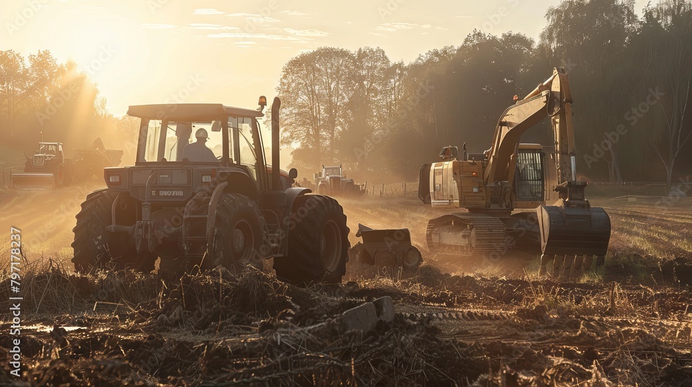 Digger machines working in sun view Digger machines working in sun view