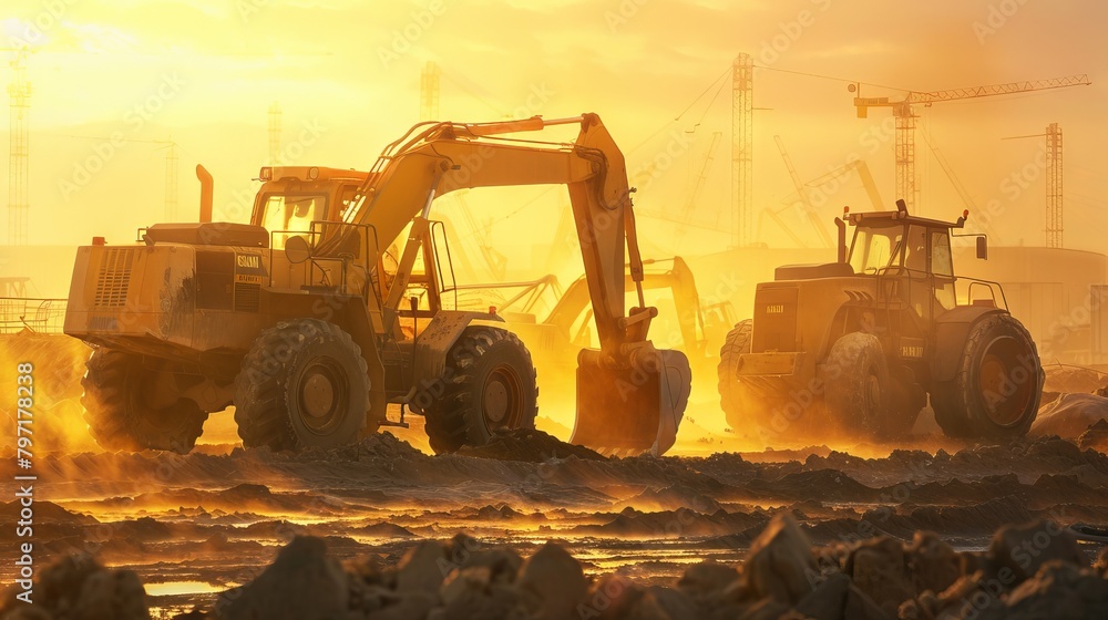 Digger machines working in sun view Digger machines working in sun view