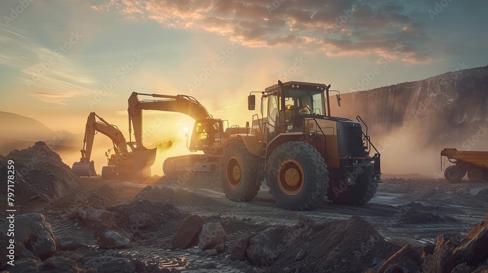 Digger machines working in sun view