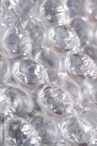 The textured surface of bubble wrap packaging, showcasing its bubbly patterns and transparent appearance. Bubble wrap textures offer a playful and tactile backdrop