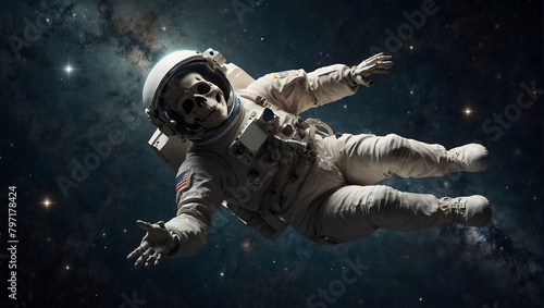 A skeleton astronaut floating in space, surrounded by stars, with Earth visible in the background ai_generated