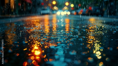 Rainy night in the city with numerous bright lights illuminating the streets, creating a dazzling and colorful scene