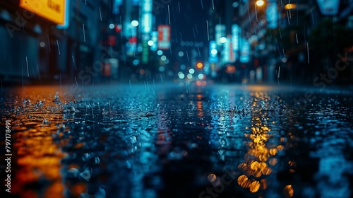 A city street during the night, illuminated by streetlights, with heavy rainfall creating a wet and reflective surface on the pavement photo