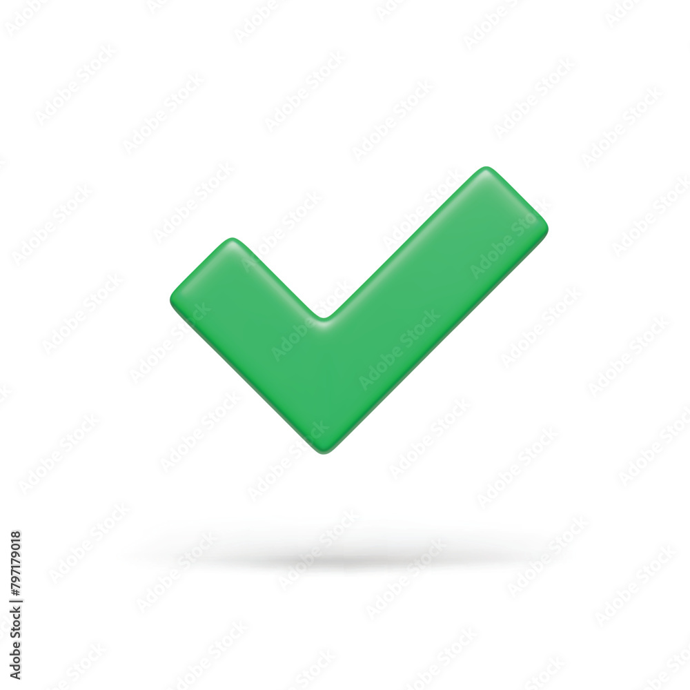 3D realistic green right check mark sign on white. Yes or correct check mark. Validation, approved concept, safe account, confirmed transaction three-dimensional vector 3D realistic green right check mark sign on white. Yes or correct check mark. Validation, approved concept, safe account, confirmed transaction three-dimensional vector