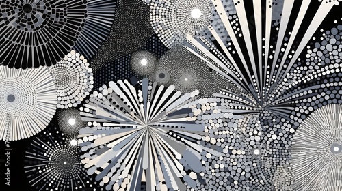 Illustration of charming stylized fireworks in black, white and blue - dots and lines