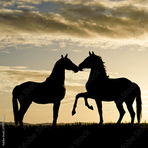 2 horses silhouette background. ai generated. © Zei