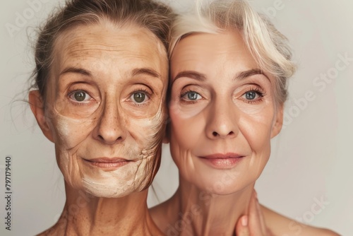 Aging split visual integrates white age identity with mental and physical health, contrasting background aging skincare solutions and representation.