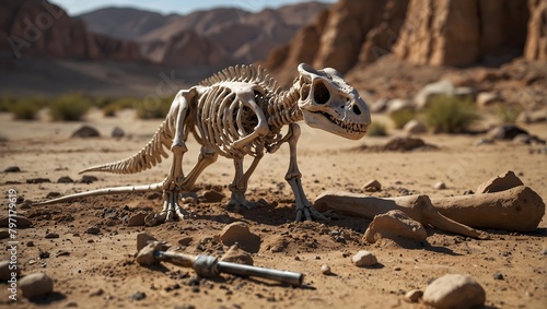  A skeleton archaeologist carefully excavating dinosaur bones in a desert setting  with brushes and tools scattered around ai_generated