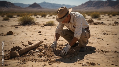  A skeleton archaeologist carefully excavating dinosaur bones in a desert setting, with brushes and tools scattered around ai_generated