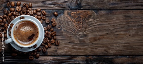 a cup of coffee on a wooden background, top view, banner with copy space