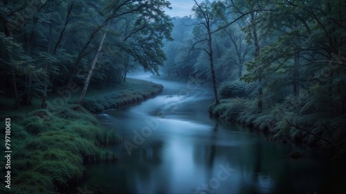 A river flows through a dense forest of vibrant green foliage  creating a serene and picturesque scene in nature